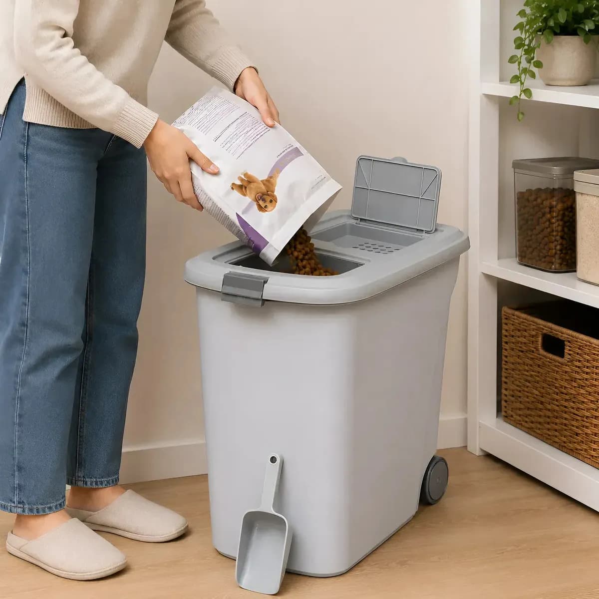 Contenedor Hermético Alimento Perro Gato 30 Lt Ruedas + Pala