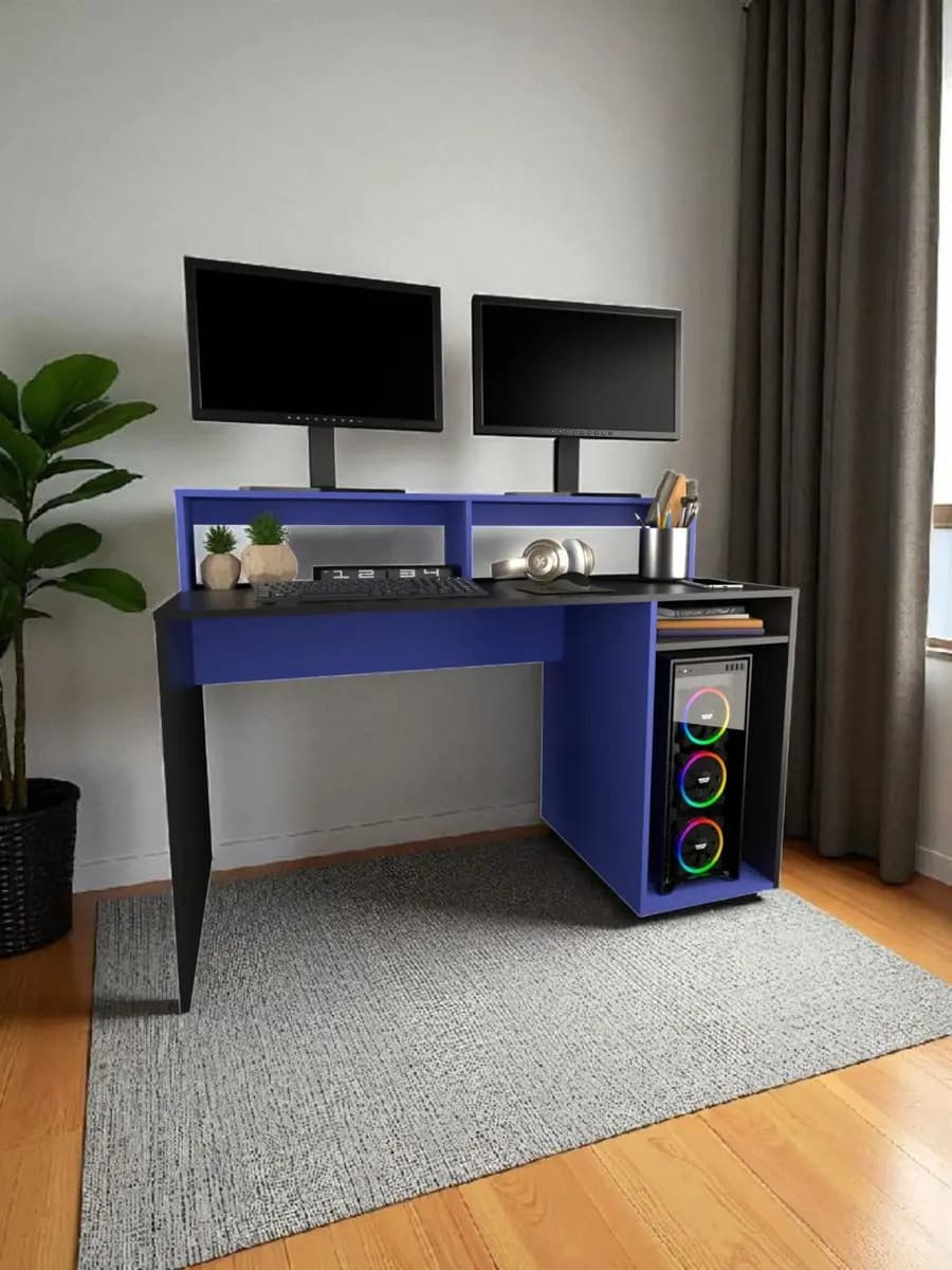 Escritorio Mesa Pc Gamer Pc Dos Monitores Playstation Color Negro/azul